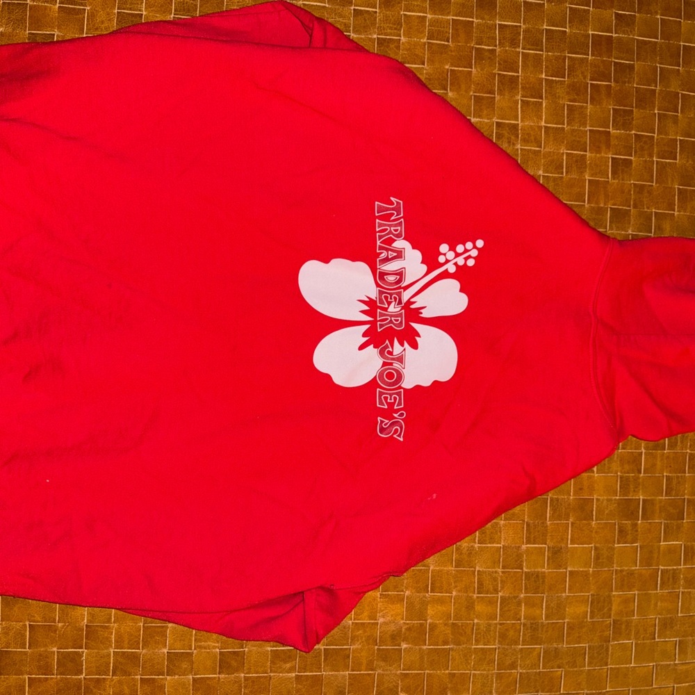 Trader Joe's Red Zip up Hoodie White Hibiscus Logo